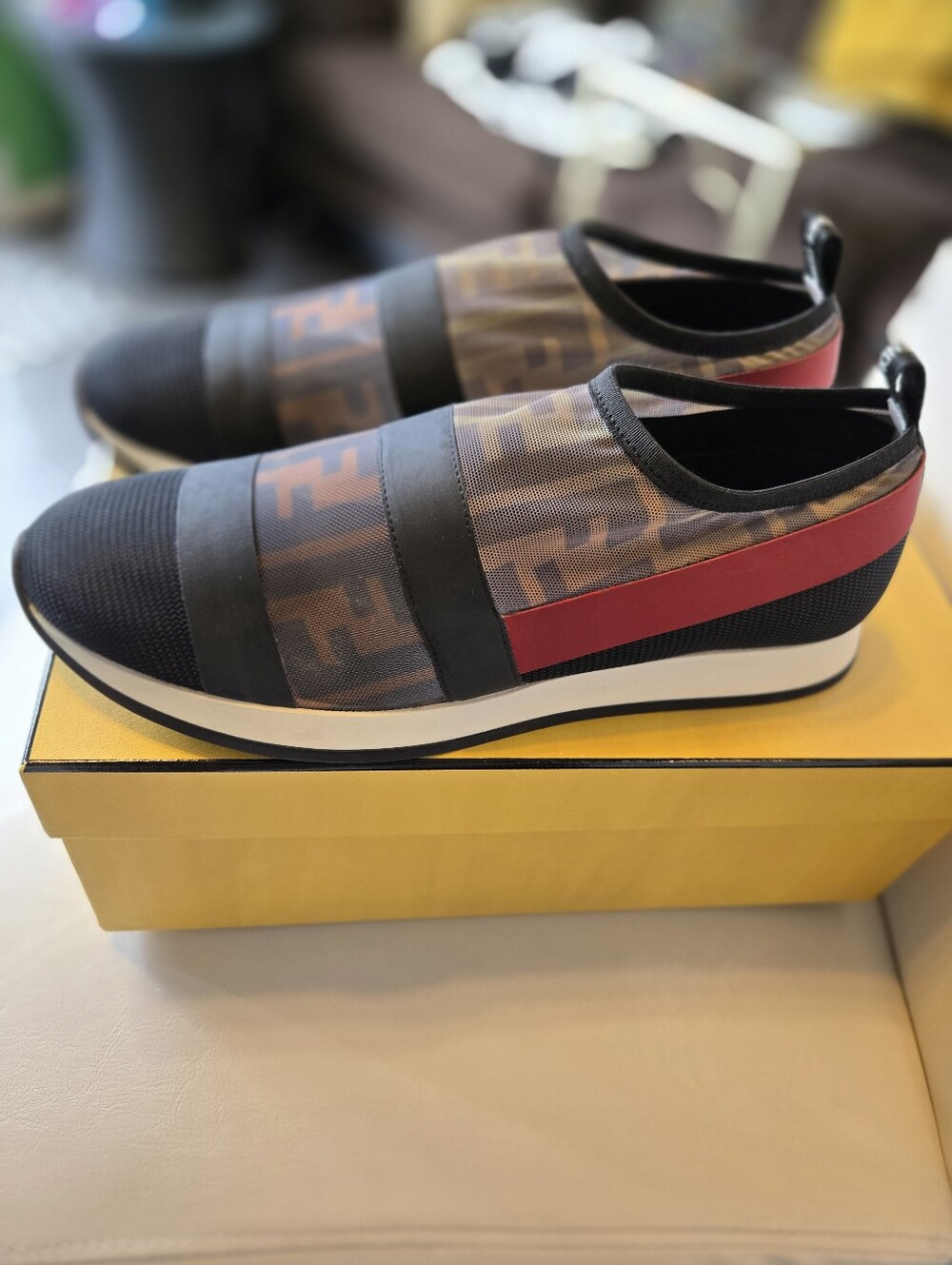 Fendi Women's Black and Brown Zucca Slip-On Sneakers